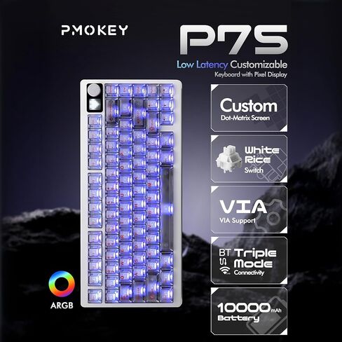 KEEBMONKEY PMOKEY P75 75% Wireless Tri-Mode Mechanical Keyboard, CNC Aluminum Volume Knob, Custom Dot-Matrix Screen, 2.4G/BT/USB-C,PC Keycaps, Surround RGB Lighting, 10,000mAh Rechargeable Battery in Kuwait