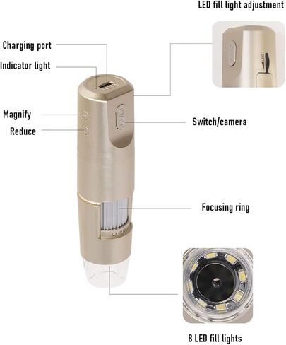 WiFi USB Digital Microscope, 1600X Portable Microscope with Adjustable Stand, 1080P HD Camera, Compatible with Phone Laptop PC in Kuwait