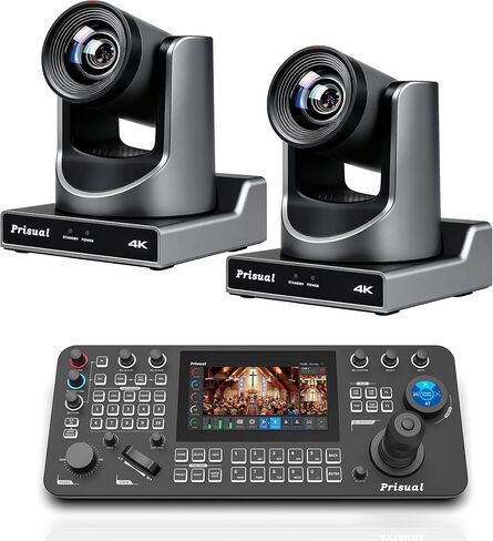 Prisual 4K 60FPS NDI PTZ Camera 2×TEM-4K20N PRO + PRO AI Joy Keyboard, Gen-3 AI Tracking, 20X Zoom, PoE, Silent Belt Drive, 3-Year US Warranty, Church/Studio Live Streaming in Kuwait