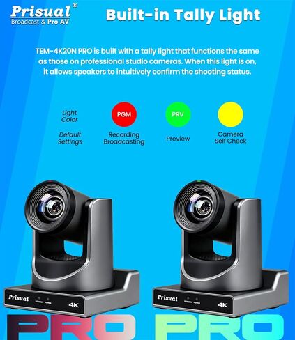 Prisual 4K 60FPS NDI PTZ Camera 2×TEM-4K20N PRO + PRO AI Joy Keyboard, Gen-3 AI Tracking, 20X Zoom, PoE, Silent Belt Drive, 3-Year US Warranty, Church/Studio Live Streaming in Kuwait