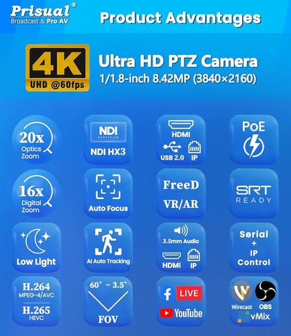 كاميرا Prisual 4K 60FPS الرسمية NDI PTZ 3×TEM-4K20N PRO + لوحة مفاتيح PRO AI Joy، تتبع Gen-3 AI، تكبير 20X، PoE، محرك الحزام الصامت، ضمان أمريكي لمدة 3 سنوات، بث مباشر للكنيسة/الاستوديو in Kuwait