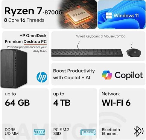 كمبيوتر سطح المكتب HP OmniDesk Tower • معالج AMD Ryzen 7 8700G ثماني النواة • ذاكرة DDR5 سعة 16 جيجابايت • وحدة تخزين سعة 1 تيرابايت (512 جيجابايت SSD + 512 جيجابايت خارجي) • HDMI + DP • Wi-Fi 6 • لوحة مفاتيح وماوس لاسلكيان • Windows 11 in Kuwait