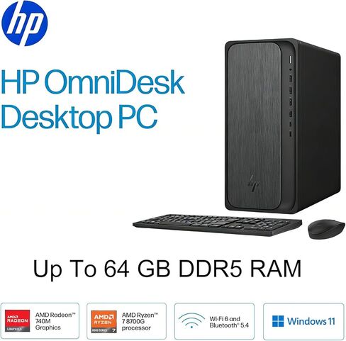 كمبيوتر سطح المكتب HP OmniDesk Tower • معالج AMD Ryzen 7 8700G ثماني النواة • ذاكرة DDR5 سعة 16 جيجابايت • وحدة تخزين سعة 1 تيرابايت (512 جيجابايت SSD + 512 جيجابايت خارجي) • HDMI + DP • Wi-Fi 6 • لوحة مفاتيح وماوس لاسلكيان • Windows 11 in Kuwait