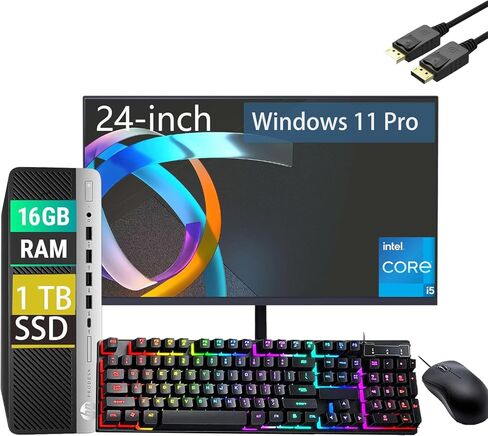 HP ProDesk 600 G4 SFF Desktop PC, 24" FHD Monitor, Core i5-8500T, 16 GB RAM, 1TB SSD, Keyboard & Mouse, USB WiFi, USB BT, Windows 11 Pro (Renewed) in Kuwait