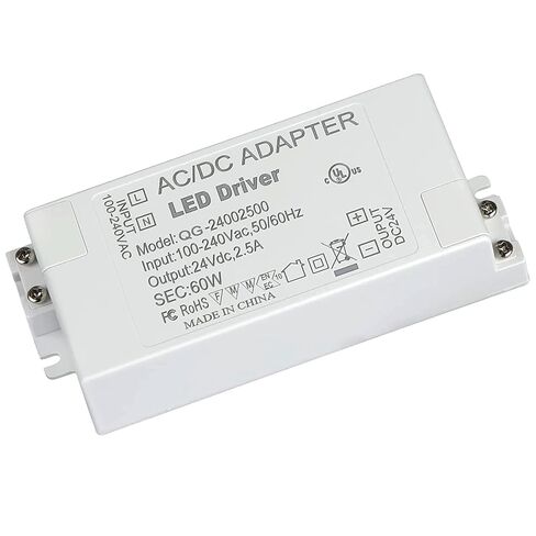 LED Driver 60 Watts UL-Listed Power Supply Transformer Adapter 100V-240V AC to 24V DC Low Voltage Output for LED Light, Computer Project, Indoor Light and Any 24V DC led Lights in Kuwait