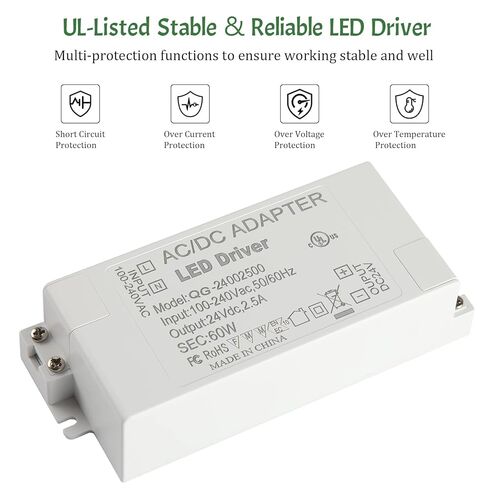 LED Driver 60 Watts UL-Listed Power Supply Transformer Adapter 100V-240V AC to 24V DC Low Voltage Output for LED Light, Computer Project, Indoor Light and Any 24V DC led Lights in Kuwait