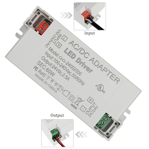 LED Driver 60 Watts UL-Listed Power Supply Transformer Adapter 100V-240V AC to 24V DC Low Voltage Output for LED Light, Computer Project, Indoor Light and Any 24V DC led Lights in Kuwait