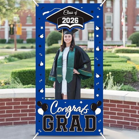 2026 Graduation Photo Frame Backdrop, 73 x 36 Inches Class of 2026 Congrats Grad Photo Booth Frame Prop for Graduation Party Decorations (Blue) in Kuwait