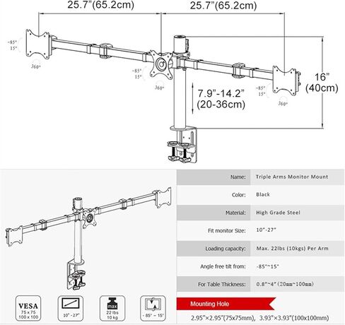 Monitor Desk Mount Triple Monitor Stand for 10-27 Inches 3 Monitor Desk Mount, Heavy-Duty Free Standing Fully Adjustable Arm, Desk Clip Mount, Each Arm Holds Up to 22Lbs in Kuwait