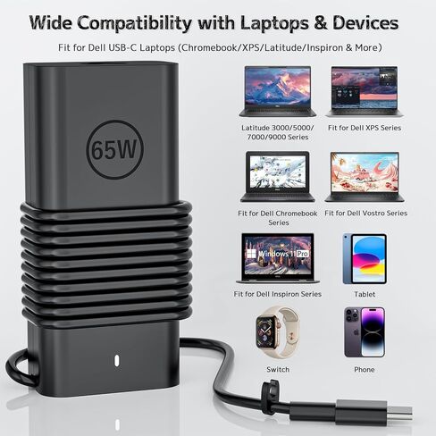 شاحن كمبيوتر محمول USB من النوع C بقدرة 65 وات متوافق مع كمبيوتر Dell، Latitude 5420 5430 5440 5450 5550 5520 7320 Inspiron 14 7425 16 7620 Chromebook 3100 3400 XPS 13 7390 محول 2 في 1 (USB نوع C) in Kuwait
