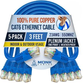 | CAT6 Ethernet Cable | 100% Pure Copper | Pack of 5 | Plenum Rated | UTP, 23AWG, 550MHz | DSX-8000 Certified | Most Certified Cable of The Whole Market (Blue, 3ft) in Saudi Arabia