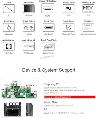 شاشة عرض تعمل باللمس 10.1 بوصة 1280 × 800 متوافقة مع Raspberry Pi 5/4B/3B/Zero/Zero W/Zero 2W/Pico/Pico W/Pico WH، Jetson Nano، Windows 11/10 / 8.1/8 / 7 @XYGStudy (10.1DP-CAPLCD) in Kuwait