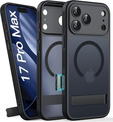 حافظة BXYJY لهاتف iPhone 17 Pro Max مع حامل، مغناطيسي متوافق مع MagSafe، زر التحكم في الكاميرا، حماية كاملة للعدسة، قطرة متينة من الدرجة العسكرية، حافظة رفيعة شفافة غير لامعة لهاتف 17 Promax، أسود in Kuwait
