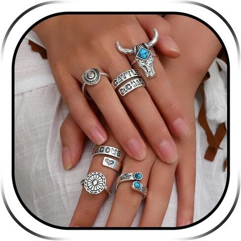 HUASAI Western Rings for Women Turquoise Stackable Rings Boho Jewelry for Women Western Outfit Accessories Statement Ring Set in Saudi Arabia