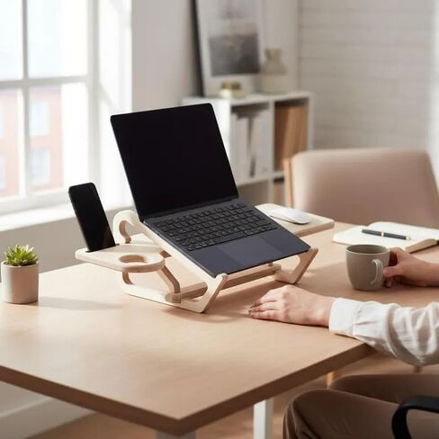 Modern Solid Wood Laptop Desk Stand, Ergonomic Adjustable Riser with Side Trays for Phone, Mouse & Cup in Kuwait