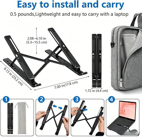 Portable Laptop Stand, Foldable and Adjustable, Aluminum Alloy, 7-Level Height, Anti-Slip, Black, for Laptops 8-16 Inches in Kuwait