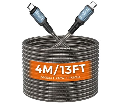 كابل USB C إلى C بطول 13 قدم 240 وات 20 جيجابت في الثانية، مقاوم للمضغ مضفر معدني، فيديو 4K@60 هرتز، سلك شحن سريع PD عالي التحمل لهاتف iPhone 17 Pro Max، MacBook، الشاشة in Kuwait