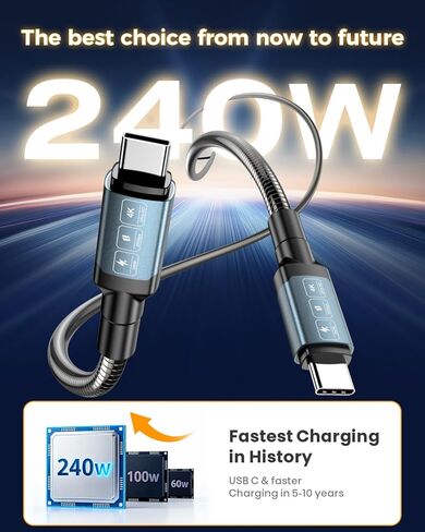 كابل USB C إلى C بطول 13 قدم 240 وات 20 جيجابت في الثانية، مقاوم للمضغ مضفر معدني، فيديو 4K@60 هرتز، سلك شحن سريع PD عالي التحمل لهاتف iPhone 17 Pro Max، MacBook، الشاشة in Kuwait