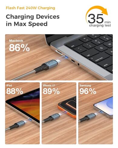 كابل USB C إلى C بطول 13 قدم 240 وات 20 جيجابت في الثانية، مقاوم للمضغ مضفر معدني، فيديو 4K@60 هرتز، سلك شحن سريع PD عالي التحمل لهاتف iPhone 17 Pro Max، MacBook، الشاشة in Kuwait