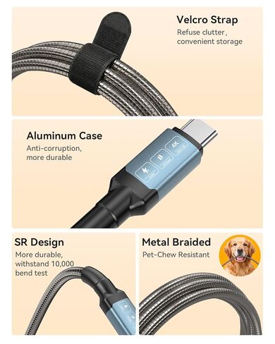 كابل USB C إلى C بطول 13 قدم 240 وات 20 جيجابت في الثانية، مقاوم للمضغ مضفر معدني، فيديو 4K@60 هرتز، سلك شحن سريع PD عالي التحمل لهاتف iPhone 17 Pro Max، MacBook، الشاشة in Kuwait