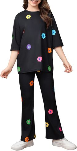 Verdusa Girl's 2 Piece Summer Outfits Floral Graphic Tees with Bell Bottom Flare Pants Clothing Sets in Saudi Arabia