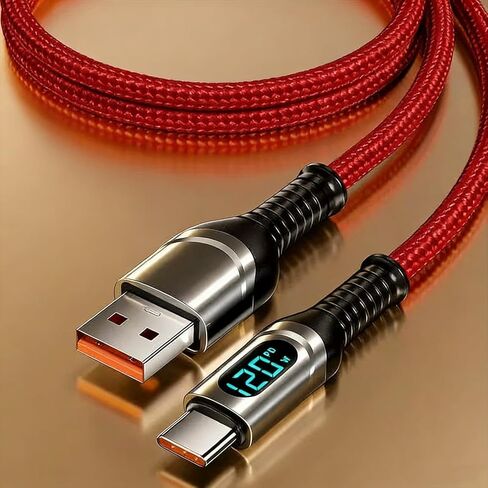 قطعتان من كابل الشحن السريع USB-A إلى USB-C بقدرة 120 واط مع شاشة رقمية - كابل 6A نوع C لجهاز MacBook Pro/Air، لهاتف Samsung Galaxy S24 Ultra S23-6.5 FT كابل مجدول من النايلون، أحمر in Kuwait