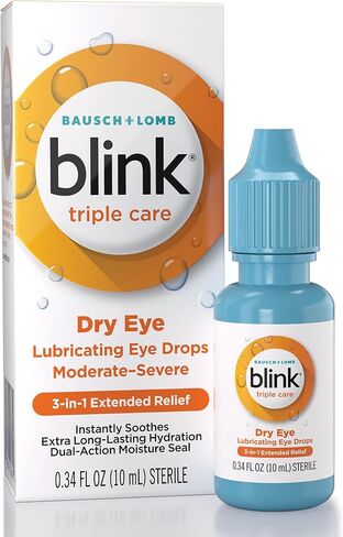 Blink Eye Drops for Dry Eyes, Triple Care Lubricant Eye Drops, Instantly Soothing, Moisturizing & Extra Long-Lasting Hydrating Eye Care for Moderate to Severe Dry Eye Symptom Relief, 0.34 fl oz in Saudi Arabia