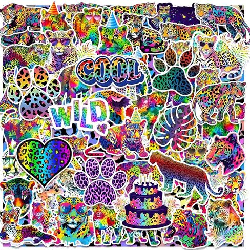 Neon Cheetah Stickers 60Pcs Rainbow Cheetah Vinyl Waterproof Leopard Print Stickers Neon Rainbow Leopard Jungle Safari Animal Decals for Laptop, Guitar, Water Bottles, Car, Bumper, Luggage, Phone in Kuwait