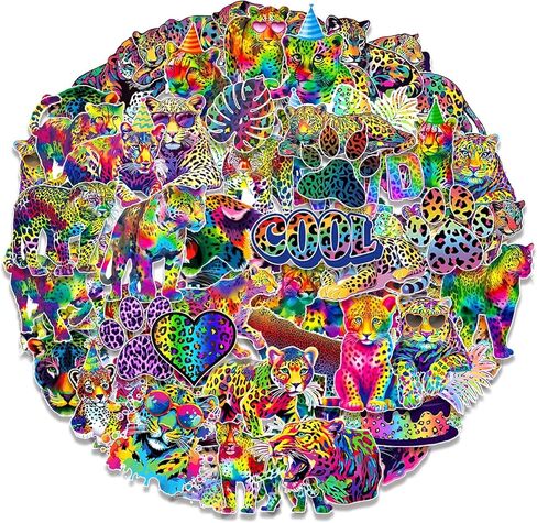 Neon Cheetah Stickers 60Pcs Rainbow Cheetah Vinyl Waterproof Leopard Print Stickers Neon Rainbow Leopard Jungle Safari Animal Decals for Laptop, Guitar, Water Bottles, Car, Bumper, Luggage, Phone in Kuwait