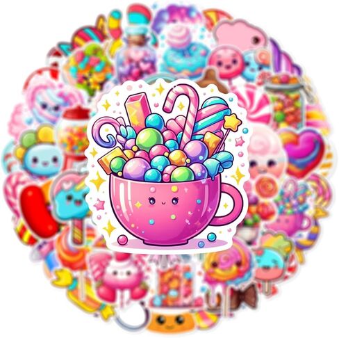 Cute Candy Stickers for Kids Sweet Candy Stickers for Water Bottle Waterproof Vinyl Stickers for Scrapbook Journal Laptop Water Bottle Skateboard Guitar Party Supplies（50pcs） (Colourful-P1) in Kuwait