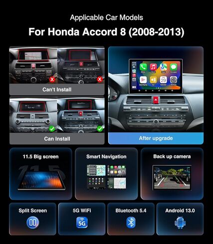 11.5 Inch Car Radio Stereo for Honda Accord 8th 2008-2013 Upgrade IPS HD Touch Screen 4+64G Car Radio Wireless CarPlay Android Auto, GPS FM/SWC Bluetooth 1280P Backup Camera in Kuwait