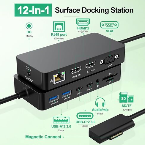 Docking Station 12 in 1 Triple Displays for Surface Dock,4K Dual HDMI+VGA with Power Adapter for Surface Pro 12/11/10/9/8/X/7/6/5/4/3,Surface Laptop 7/6/5/4/3/2/1,Surface Book Go in Kuwait