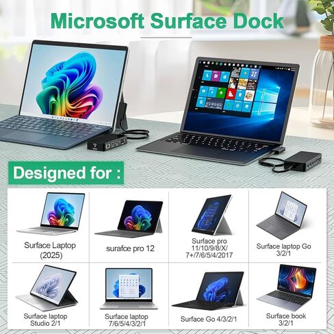 Docking Station 12 in 1 Triple Displays for Surface Dock,4K Dual HDMI+VGA with Power Adapter for Surface Pro 12/11/10/9/8/X/7/6/5/4/3,Surface Laptop 7/6/5/4/3/2/1,Surface Book Go in Kuwait
