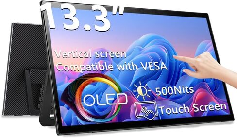 13.3" OLED Portable Touchscreen Monitor, 1080P HDR VESA 500 Nits, USB-C HDMI External Display with Stand (Vertical Monitor) & Speakers for Laptop PC Mac Android (No Touch for iPhone/iPad/Consoles) in Kuwait