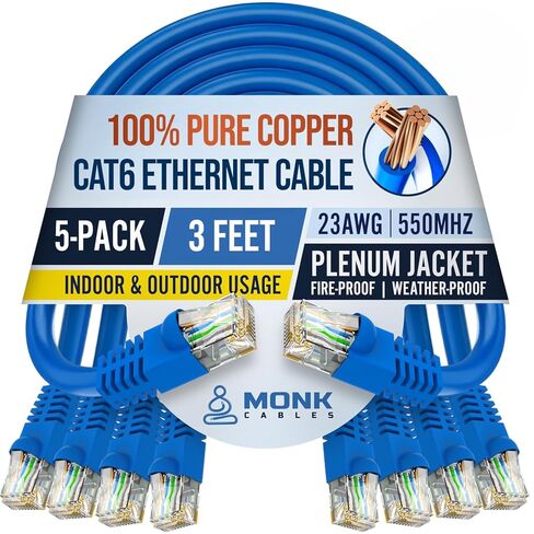 | كابل إيثرنت CAT6 | نحاس نقي 100% | عبوة من 5 قطع | الجلسة المكتملة | يو تي بي، 23AWG، 550 ميجا هرتز | معتمد من DSX-8000 | الكابل الأكثر اعتماداً في السوق بأكمله (أزرق، 3 أقدام) in Kuwait