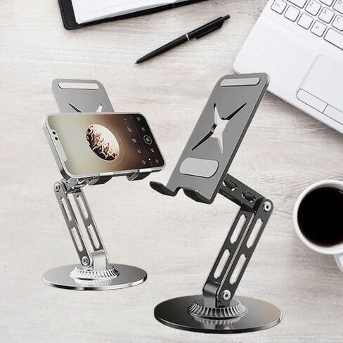 حامل هاتف دوار 360 درجة للمكتب، حامل كمبيوتر لوحي دوار لجهاز iPad، حامل هاتف مكتبي من الألومنيوم قابل للطي وقابل للتعديل، ملحقات مكتب منزلية متعددة الزوايا قابلة للتعديل (فضي) in Kuwait