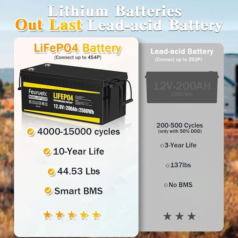 بطارية ليثيوم LiFePO4 12 فولت 200 أمبير، مدمجة 200 أمبير BMS، تخزين طاقة 2560 وات في الساعة، بطارية فوسفات الحديد 8000-15000 ذات دورات عميقة للطاقة الشمسية، محرك التصيد، RV (قطعتان) in Saudi Arabia