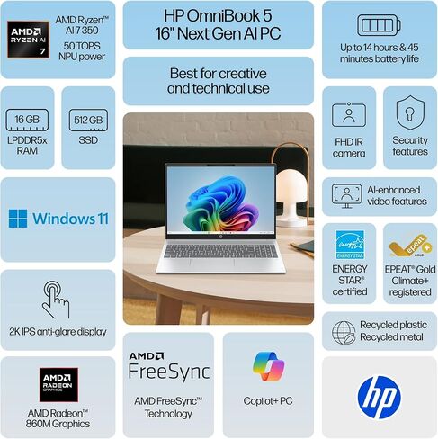 HP OmniBook 5 Laptop: Ryzen AI 7 350, 16GB DDR5 RAM, 512GB SSD, 16" 2K (1920x1200) Non-Touch IPS Display, Backlit Keyhboard, WiFi 6E, Windows 11 Pro with Lifetime Office 2024 in Kuwait