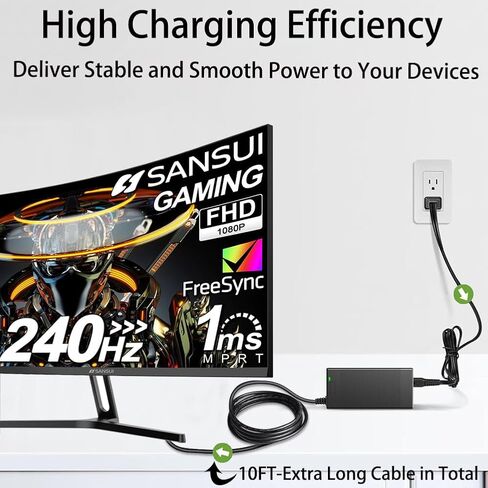 محول تيار متردد 12 فولت مدرج في قائمة ETL متوافق مع شاشة ألعاب SANSUI 34 بوصة 32 بوصة منحنية 240 هرتز معدل تحديث عالٍ FHD 1080P شاشة كمبيوتر ألعاب ES-G32C3F ES-G32C3 ES-G34C5 سلك إمداد الطاقة كابل شاحن قابس in Kuwait