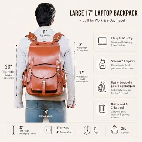 Handmade World Vintage Full Grain 20 Inch Leather Laptop Backpack Casual Bookbag Daypack Camping Travel Rucksack Knapsack in Saudi Arabia