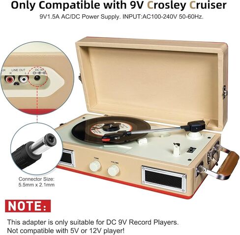 شاحن محول تيار متردد/تيار مستمر 9 فولت لـ Crosley Cruiser I II III Series 3 سرعات قرص دوار محمول لحقيبة السفر CR8005A CR8005A-BK/BL/GR/PI/TP/TU/TW/CU/ST CR8005C CR6005A CR221 CR89 سلك الطاقة in Kuwait