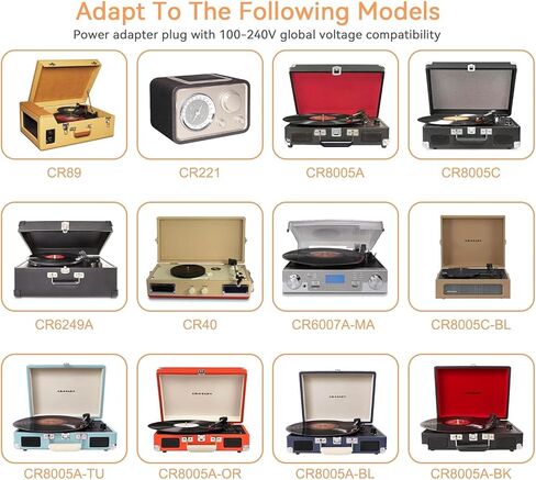 شاحن محول تيار متردد/تيار مستمر 9 فولت لـ Crosley Cruiser I II III Series 3 سرعات قرص دوار محمول لحقيبة السفر CR8005A CR8005A-BK/BL/GR/PI/TP/TU/TW/CU/ST CR8005C CR6005A CR221 CR89 سلك الطاقة in Kuwait