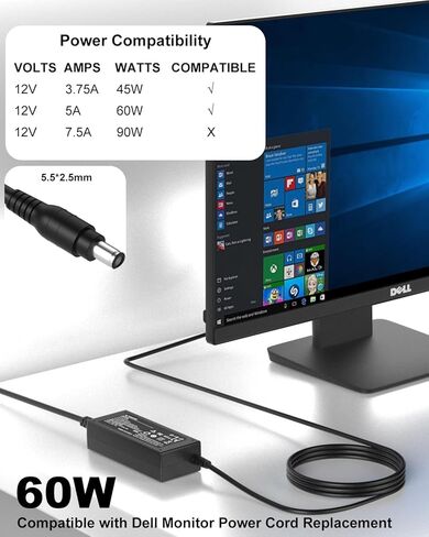محول تيار متردد 12 فولت متوافق مع استبدال سلك طاقة شاشة Dell 27 بوصة 24 بوصة 23 بوصة 22 بوصة 21.5 بوصة S2316H S2316M S2318H S2318HN S2318NC S2319H S2340L S2340LC S2440L مزود طاقة الشاشة in Kuwait