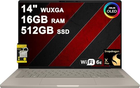 كمبيوتر محمول ASUS Zenbook A14 مقاس 14 بوصة WUXGA OLED (100% DCI-P3، 600nits HDR) Qualcomm 8-core Snapdragon X Plus (ما يصل إلى 45 قطعة علوية) 16 جيجابايت DDR5 512 جيجابايت SSD لـ Creator Business Professional Win11 ICP Hub in Kuwait