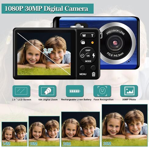 كاميرا رقمية محمولة، كاميرا صغيرة FHD 1080P مع تكبير رقمي 18X، كاميرا أطفال قابلة للشحن، كاميرا جيب للمراهقين والطلاب والأولاد والبنات وكبار السن (أزرق) in Kuwait