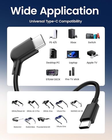AR Smart Glasses USB-C Cable, 20Gbps USB 3.2 Gen2 Data & 60W Fast Charging – Compatible with XREAL Air/One, VITURE Pro XR, Rokid Max, RayNeo and More; 125° Ergonomic L-Shape Connector (6.6 FT（2M）) in Saudi Arabia