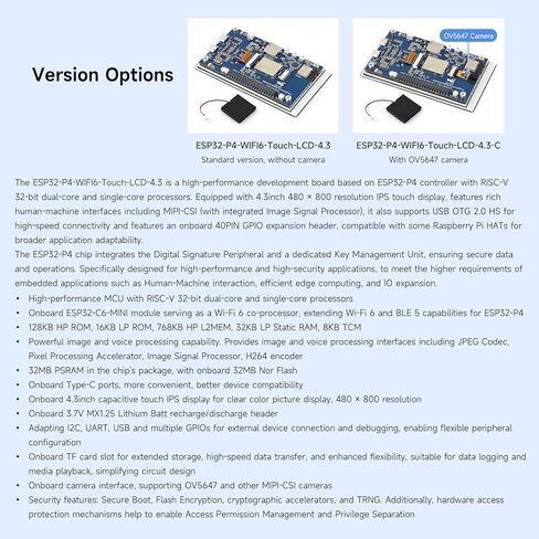 Waveshare ESP32-P4-WIFI6 لوحة تطوير 4.3 بوصة، دقة 480 × 800، لمسة 5 نقاط، شريحة ترميز الصوت على اللوحة، تدعم Wi-Fi 6 وBLE 5 in Kuwait