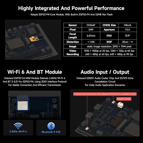 Waveshare ESP32-P4-WIFI6 لوحة تطوير 4.3 بوصة، دقة 480 × 800، لمسة 5 نقاط، شريحة ترميز الصوت على اللوحة، تدعم Wi-Fi 6 وBLE 5 in Kuwait