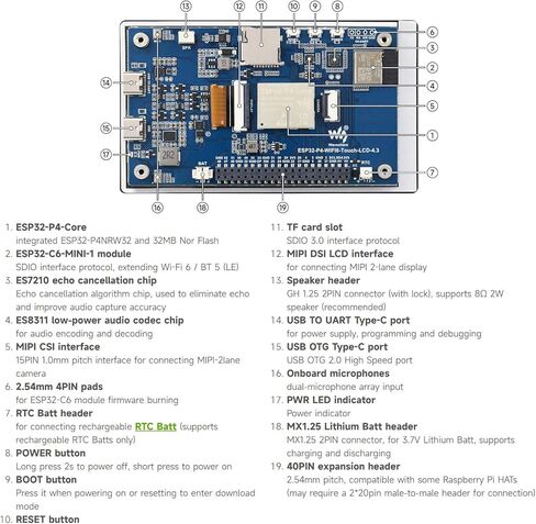 Waveshare ESP32-P4-WIFI6 لوحة تطوير 4.3 بوصة، دقة 480 × 800، لمسة 5 نقاط، شريحة ترميز الصوت على اللوحة، تدعم Wi-Fi 6 وBLE 5 in Kuwait