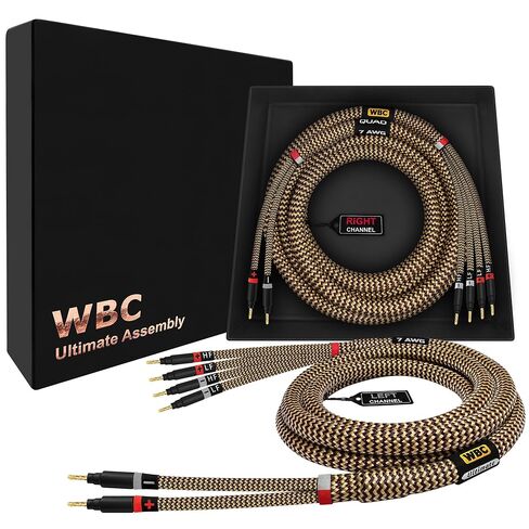 WORLDS BEST CABLES 25 Foot Ultimate - 7 AWG - Ultra-Pure OFC – Extra Premium Audiophile HiFi Bi-Wire Speaker Cable Pair with Eminence Gold Banana Plugs & TnBrwn Tweed Jacket in Kuwait